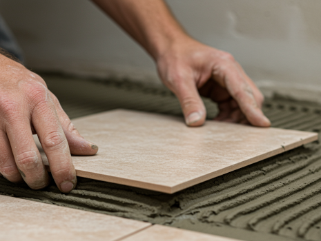 Man installing tile flooring